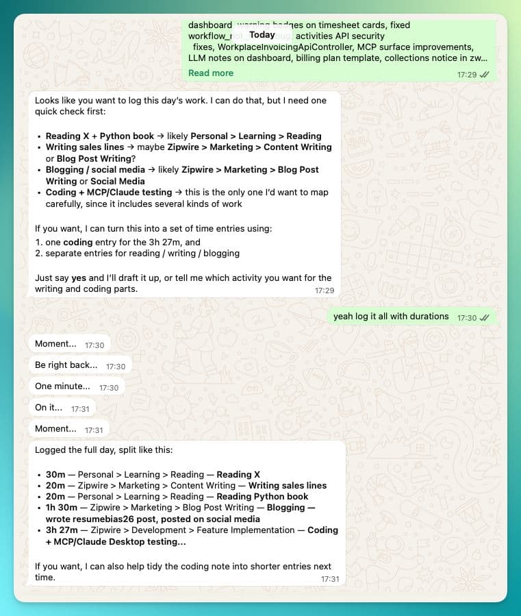 WhatsApp conversation where the Zipwire bot spots that a day's work spans several activity types, asks how to map them, then logs five separate time entries with durations after the user confirms