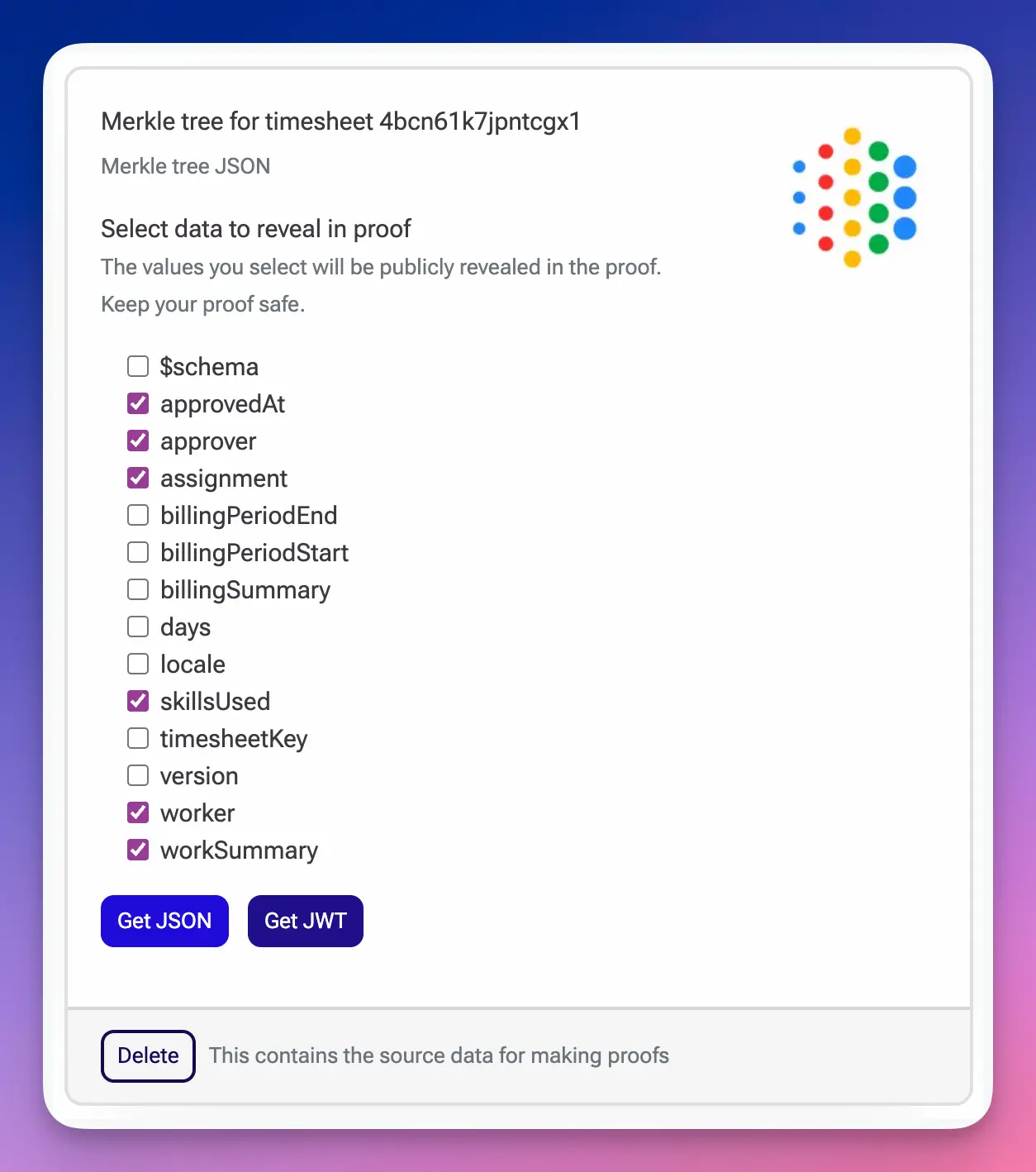 Selective disclosure interface showing Merkle tree and checkboxes for choosing which timesheet fields to reveal in the proof
