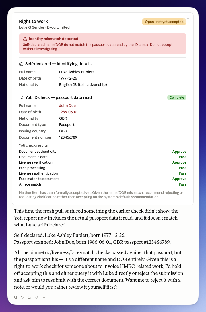 Claude Desktop rendering a Right to Work collection for Luke G Sender at Evoq Limited, with a Yoti ID check flagged as Identity mismatch detected: self-declared name Luke Ashley Puplett, DOB 1977-12-26, versus passport data read as John Doe, DOB 1986-06-01, with all individual Yoti sub-checks showing Approve/Pass, and Claude's commentary recommending rejection below